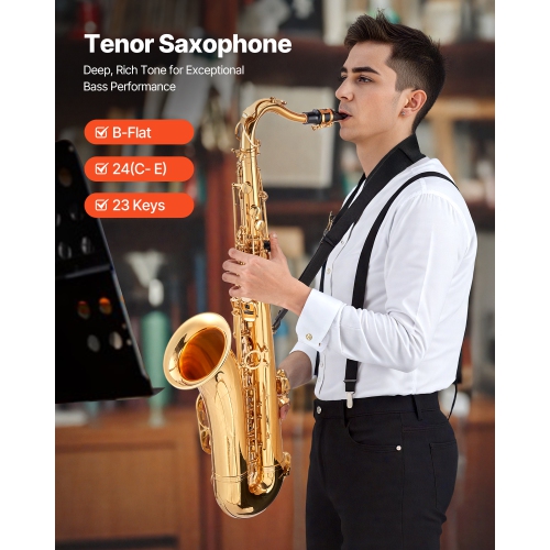 VEVOR 23 Keys Tenor Saxophone, B Flat, Professional Brass Saxophone Beginner Kit with Carrying Case, Mouthpiece, Straps, Cleaning Cloth, Gloves, Neck