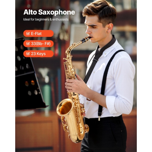 VEVOR 23 Keys Alto Saxophone, E Flat, Brass Saxophone Beginner Kit with Carrying Case, Mouthpiece, Straps, Cleaning Cloth Rod, Gloves, Grease, Neck