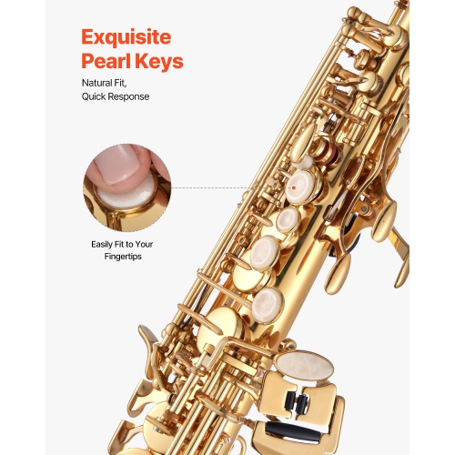 VEVOR 23 Keys Straight Soprano Saxophone, B Flat, Brass Saxophone Beginner Kit with Carrying Case, Mouthpiece, Cleaning Cloth Rod, Gloves, Neck