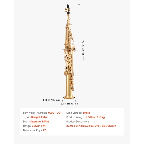 VEVOR 23 Keys Straight Soprano Saxophone, B Flat, Brass Saxophone Beginner Kit with Carrying Case, Mouthpiece, Cleaning Cloth Rod, Gloves, Neck
