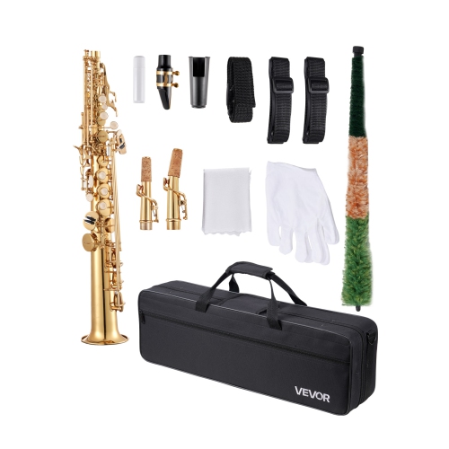 VEVOR 23 Keys Straight Soprano Saxophone, B Flat, Brass Saxophone Beginner Kit with Carrying Case, Mouthpiece, Cleaning Cloth Rod, Gloves, Neck