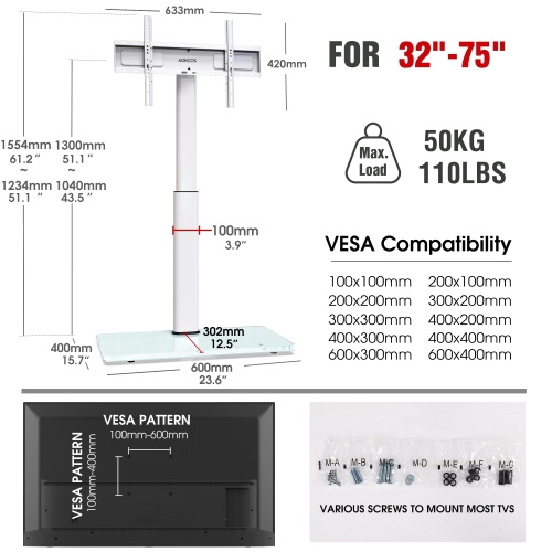 AOKCOS Floor TV Stand with Swivel Mount for 32 to 75 Inch TVs up to 110 lbs, 8 Level Height Adjustable Tilting, Tall TV Stand for Livingroom/Bedroom,