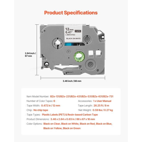VEVOR 6 Pack Label Maker Tape,0.47 in / 12 mm Colored Label Maker Refills Compatible for Various Brother P-Touch,Replacement for Tag TZe-131 TZe-231