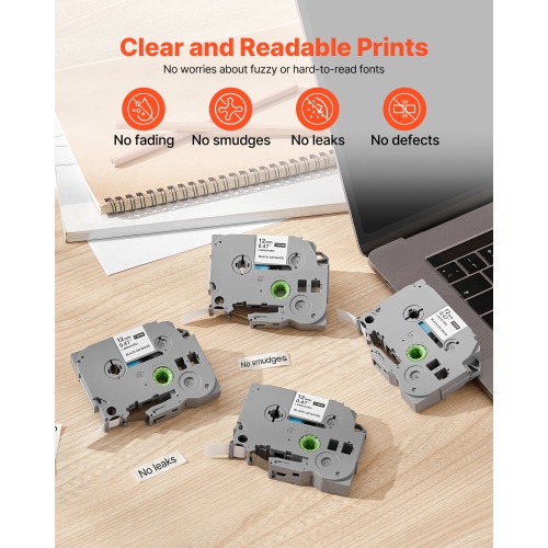 VEVOR 4 Pack Label Maker Tape, 0.47 in / 12 mm Black on White Label Maker Refills Compatible for Various Types of Brother P-Touch Labelers,