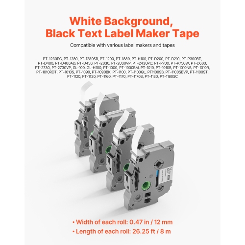 VEVOR 4 Pack Label Maker Tape, 0.47 in / 12 mm Black on White Label Maker Refills Compatible for Various Types of Brother P-Touch Labelers,