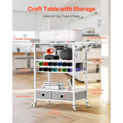 VEVOR 2 Drawers Rolling Craft Cart and Storage Table, Compatible with Cricut Machines,Collapsible Cricut Table with Foldable Sides, Craft Rolling