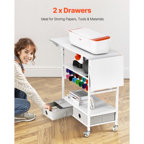 VEVOR 2 Drawers Rolling Craft Cart and Storage Table, Compatible with Cricut Machines,Collapsible Cricut Table with Foldable Sides, Craft Rolling