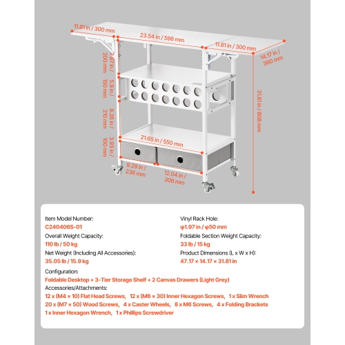 VEVOR 2 Drawers Rolling Craft Cart and Storage Table, Compatible with Cricut Machines,Collapsible Cricut Table with Foldable Sides, Craft Rolling
