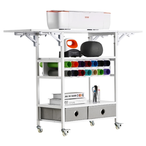 VEVOR 2 Drawers Rolling Craft Cart and Storage Table, Compatible with Cricut Machines,Collapsible Cricut Table with Foldable Sides, Craft Rolling