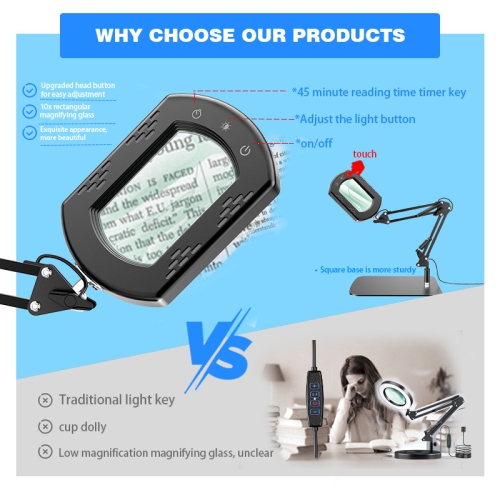 Loupe rectangulaire 10x avec lumière, 5 modes de couleur, loupe à intensité réglable sans progression avec support pour l'entretien de la lecture et
