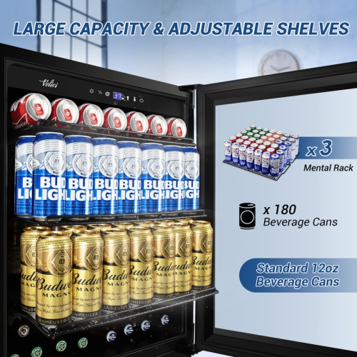 24 in. 180 Can Built-in/Freestanding Beverage Cooler Fridge with Adjustable Shelves in Black
