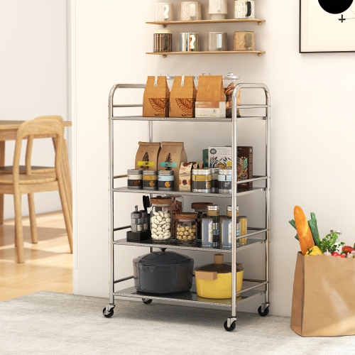HOMCOM Stainless Steel Utility Cart, 4 Tier Storage Trolley on Wheels with Adjustable Shelves and Handles, Serving Rolling Cart for Kitchen, Dining