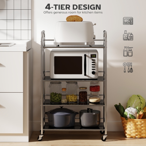HOMCOM Stainless Steel Utility Cart, 4 Tier Storage Trolley on Wheels with Adjustable Shelves and Handles, Serving Rolling Cart for Kitchen, Dining
