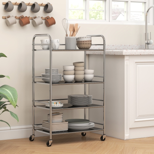 HOMCOM Stainless Steel Utility Cart, 4 Tier Storage Trolley on Wheels with Adjustable Shelves and Handles, Serving Rolling Cart for Kitchen, Dining