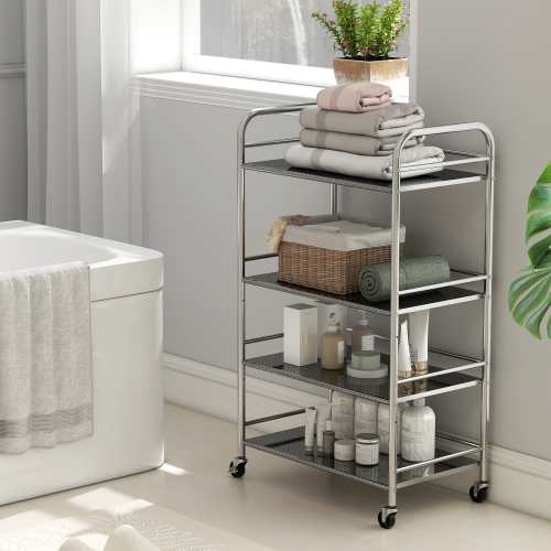 HOMCOM Stainless Steel Utility Cart, 4 Tier Storage Trolley on Wheels with Adjustable Shelves and Handles, Serving Rolling Cart for Kitchen, Dining