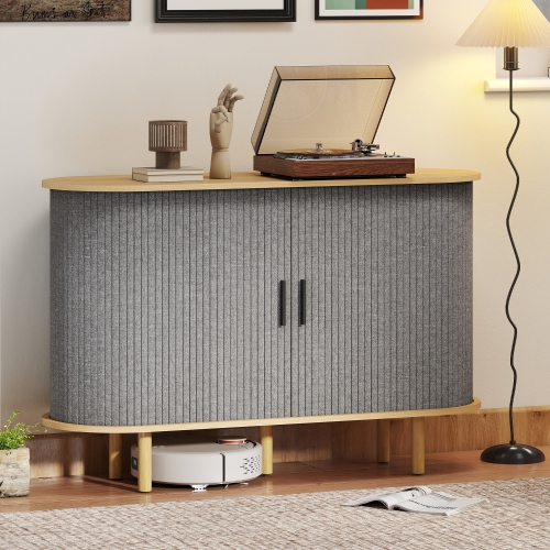 HOMCOM Fluted Sideboard Buffet Cabinet with Tambour Sliding Doors, 47" Modern Coffee Bar Cabinet with Storage Shelves and Wooden Legs, Kitchen