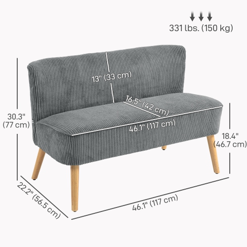 HOMCOM 46" Loveseat Sofa, Corduroy Fabric 2 Seater Sofa Couch with Thick Padded Seat and Rubber Wood Legs, Upholstered Small Couch for Living Room,