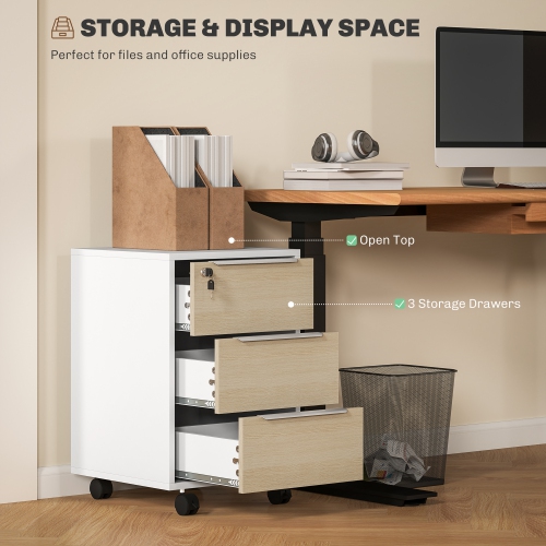 HOMCOM Vertical Filing Cabinet with Lock, 3-Drawer File Cabinet with Wheels, Home Office Organizer, Oak
