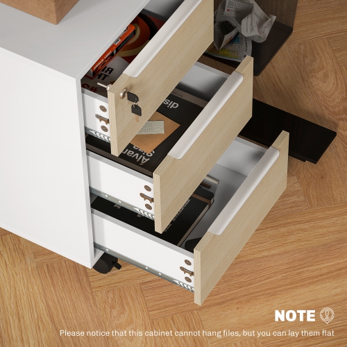 HOMCOM Vertical Filing Cabinet with Lock, 3-Drawer File Cabinet with Wheels, Home Office Organizer, Oak