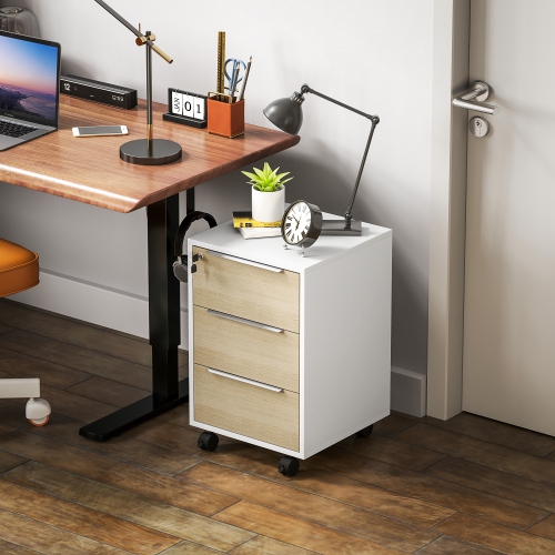 HOMCOM Vertical Filing Cabinet with Lock, 3-Drawer File Cabinet with Wheels, Home Office Organizer, Oak