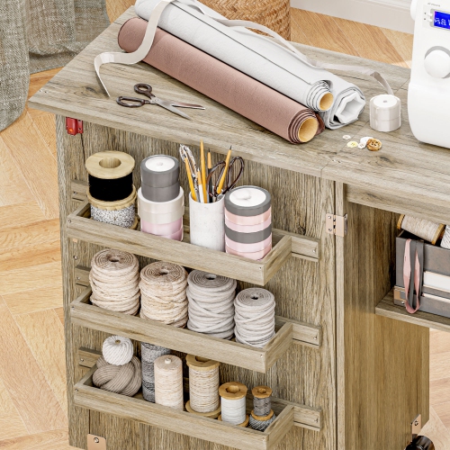 HOMCOM Folding Sewing Table, Rolling Sewing Machine Cabinet, Multipurpose Craft Table with Storage Shelf, Bins and Lockable Wheels for Small Space,