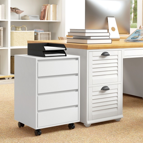 HOMCOM 4 Drawer File Cabinet, Vertical Filing Cabinet with Lockable Wheels, Modern Printer Stand for Home Office, White