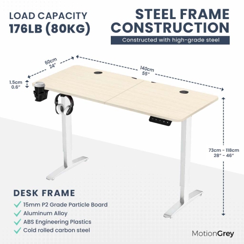 MotionGrey Ergo2 Standing Desk Bundle - Electric Height Adjustable Desk 55"x24" Light Brown Top, White Frame, Memory Settings-Ergonomic Sit Stand