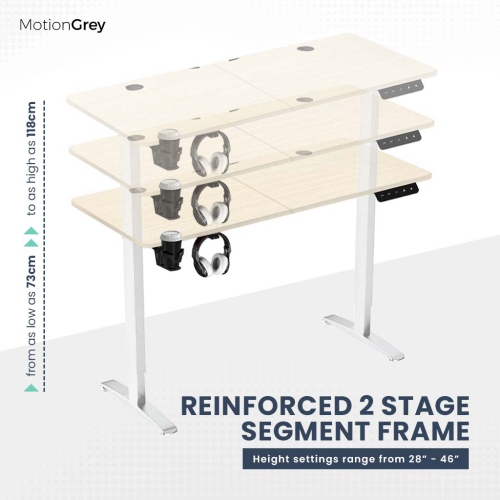 MotionGrey Ergo2 Standing Desk Bundle - Electric Height Adjustable Desk 55"x24" Light Brown Top, White Frame, Memory Settings-Ergonomic Sit Stand