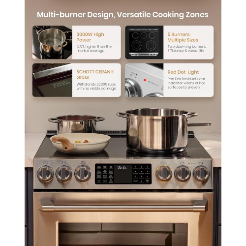 FOTILE RES30551 Stainless Steel 30" Slide-In Electric Range with True Convection and Air Fry, 5-Burner Stove, 5.7 Cu. Ft. Oven, Self-Cleaning Mode,