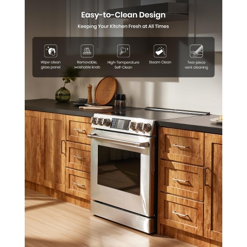 FOTILE RES30551 Stainless Steel 30" Slide-In Electric Range with True Convection and Air Fry, 5-Burner Stove, 5.7 Cu. Ft. Oven, Self-Cleaning Mode,