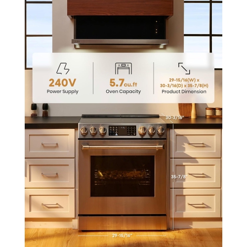 FOTILE RES30551 Stainless Steel 30" Slide-In Electric Range with True Convection and Air Fry, 5-Burner Stove, 5.7 Cu. Ft. Oven, Self-Cleaning Mode,