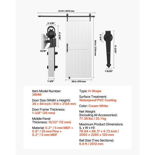 VEVOR 36 x 84 inch Sliding Barn Door, High-Strength MDF Panel, Barn Door with Hardware Kit, Water-Proof PVC Surface, Easy to Install, H-Frame,