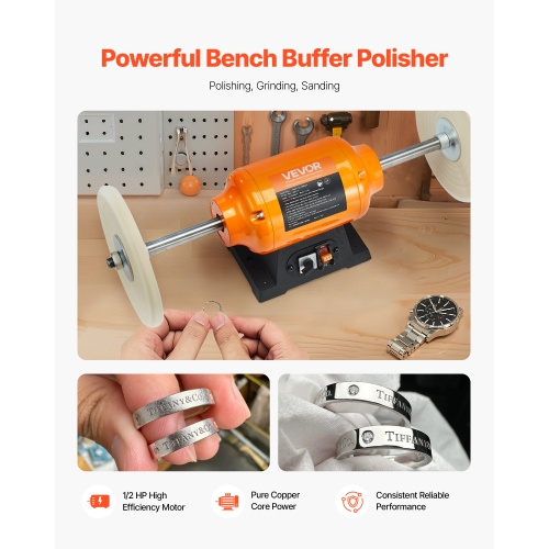 VEVOR 1/2HP Bench Buffer Polisher, 8-inch Bench Polishing Buffing Machine, 1725RPM/3450RPM Dual Speed Benchtop Polisher with 2PCS Cotton Wheels &
