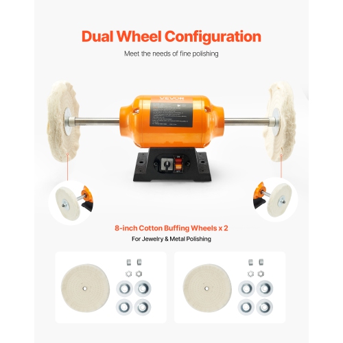 VEVOR 1/2HP Bench Buffer Polisher, 8-inch Bench Polishing Buffing Machine, 1725RPM/3450RPM Dual Speed Benchtop Polisher with 2PCS Cotton Wheels &