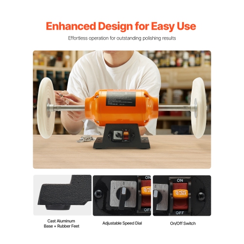 VEVOR 1/2HP Bench Buffer Polisher, 8-inch Bench Polishing Buffing Machine, 1725RPM/3450RPM Dual Speed Benchtop Polisher with 2PCS Cotton Wheels &