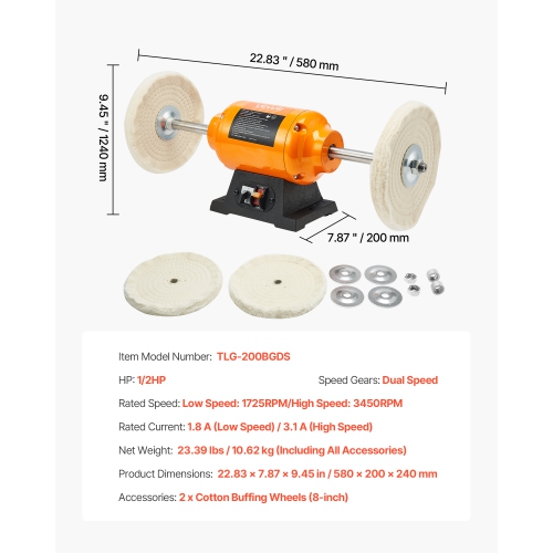 VEVOR 1/2HP Bench Buffer Polisher, 8-inch Bench Polishing Buffing Machine, 1725RPM/3450RPM Dual Speed Benchtop Polisher with 2PCS Cotton Wheels &