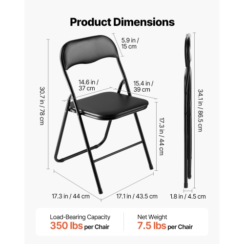 VEVOR 4 Pack Folding Chairs, Foldable Leather Chairs with Heavy Duty Metal Frame & Padded Cushion, Portable Folding Card Table Chairs, Stackable