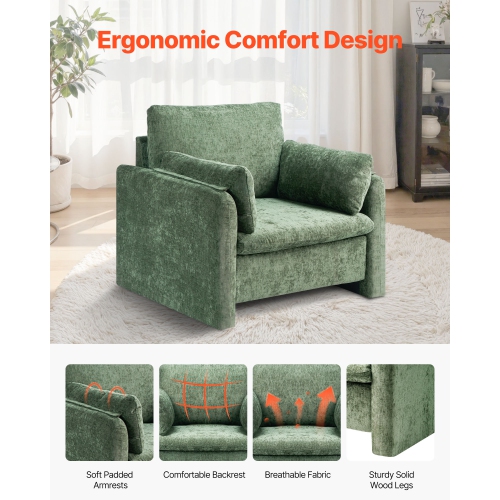 VEVOR Green Accent Chair, Modern Upholstered Accent Chair with Armrests, Cloth Arm Chairs with Thick Cushion and Arched Backrest, Single Fabric