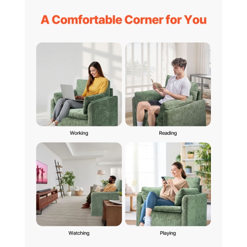 VEVOR Green Accent Chair, Modern Upholstered Accent Chair with Armrests, Cloth Arm Chairs with Thick Cushion and Arched Backrest, Single Fabric