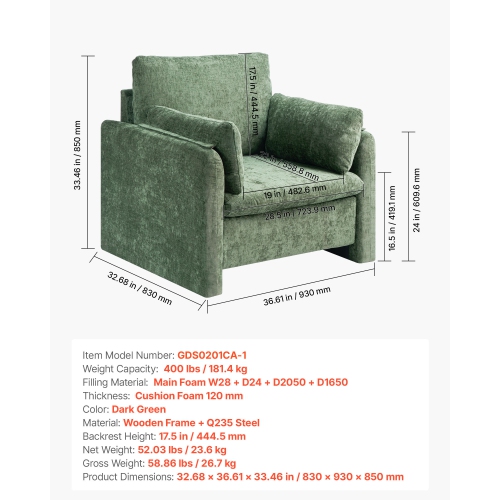 VEVOR Green Accent Chair, Modern Upholstered Accent Chair with Armrests, Cloth Arm Chairs with Thick Cushion and Arched Backrest, Single Fabric