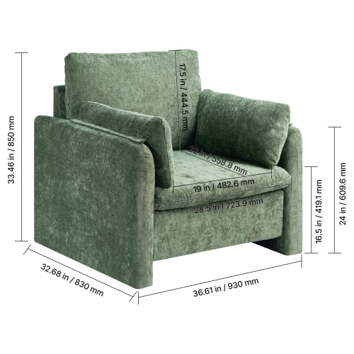 VEVOR Green Accent Chair, Modern Upholstered Accent Chair with Armrests, Cloth Arm Chairs with Thick Cushion and Arched Backrest, Single Fabric
