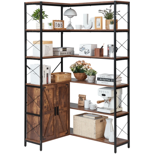 VEVOR  6 Tier Corner Bookshelf, 70" Tall Corner Bookcase w Storage Cabinet、2 Barn Doors & 10 Storage Shelves, Farmhouse Reversible L Shaped Corner