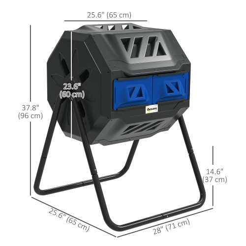 Outsunny 43 Gallon Tumbling Compost Bin Outdoor Dual Chamber 360° Rotating Composter with Sliding Doors, Solid Steel Frame and Gloves, Blue