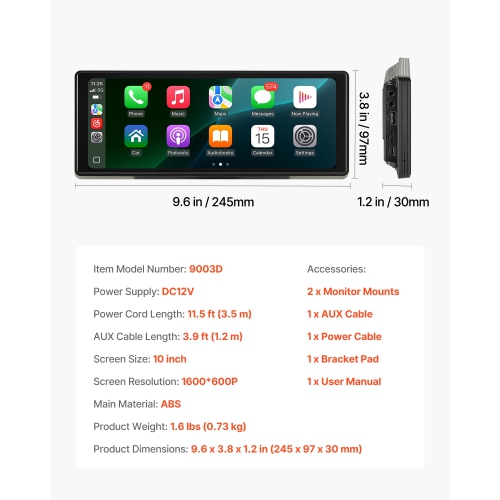 VEVOR 10-Inch Wireless Car Stereo, HD Portable Radio Touch Screen Compatible with Apple CarPlay and Android Auto, CarPlay Screen for Car with Voice