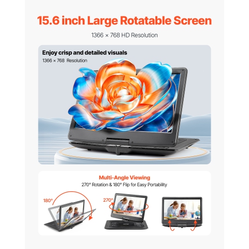 VEVOR 15.6 inch Portable DVD Player, HD Swivel Display Screen, 4.5-5 H Built-in Rechargeable Battery, Dual Speakers, Support Sync TV/USB/SD