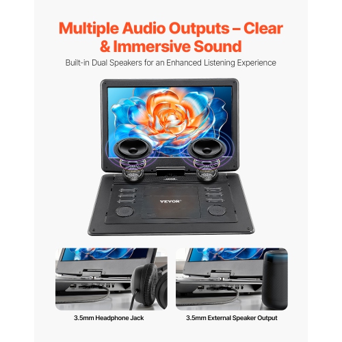 VEVOR 15.6 inch Portable DVD Player, HD Swivel Display Screen, 4.5-5 H Built-in Rechargeable Battery, Dual Speakers, Support Sync TV/USB/SD