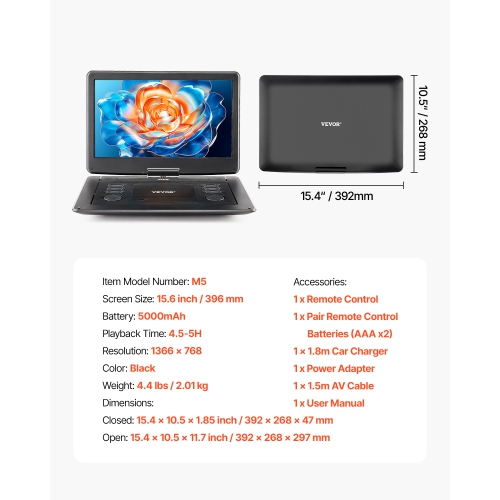 VEVOR 15.6 inch Portable DVD Player, HD Swivel Display Screen, 4.5-5 H Built-in Rechargeable Battery, Dual Speakers, Support Sync TV/USB/SD