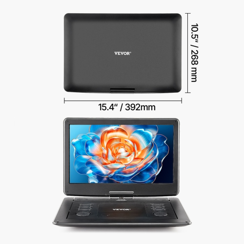 VEVOR 15.6 inch Portable DVD Player, HD Swivel Display Screen, 4.5-5 H Built-in Rechargeable Battery, Dual Speakers, Support Sync TV/USB/SD