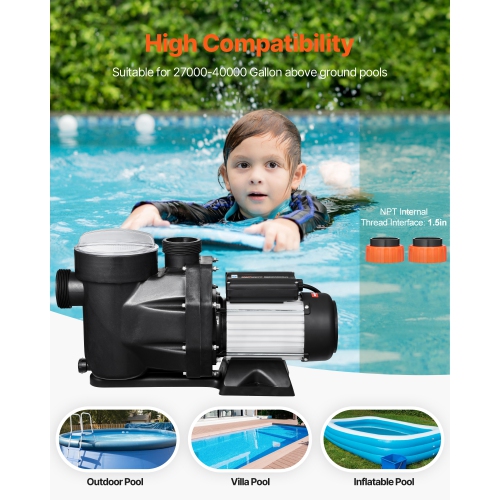 VEVOR 2.5 HP Above Ground Pool Pump, 148 GPM Max Flow Single Speed Swimming Pool Pump, 220V 3450 RPM 62 ft Max Head Lift with PP Shell Strainer