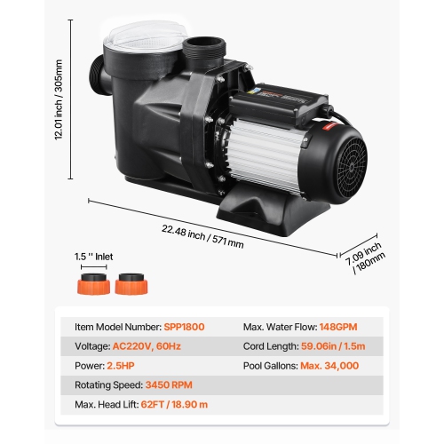 VEVOR 2.5 HP Above Ground Pool Pump, 148 GPM Max Flow Single Speed Swimming Pool Pump, 220V 3450 RPM 62 ft Max Head Lift with PP Shell Strainer